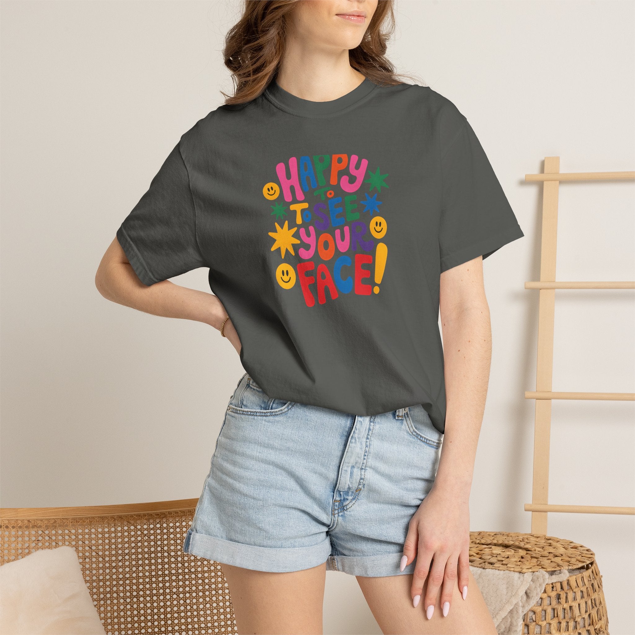 Happy to See Your Face T-shirt | Colorful Retro Smiley Typography
