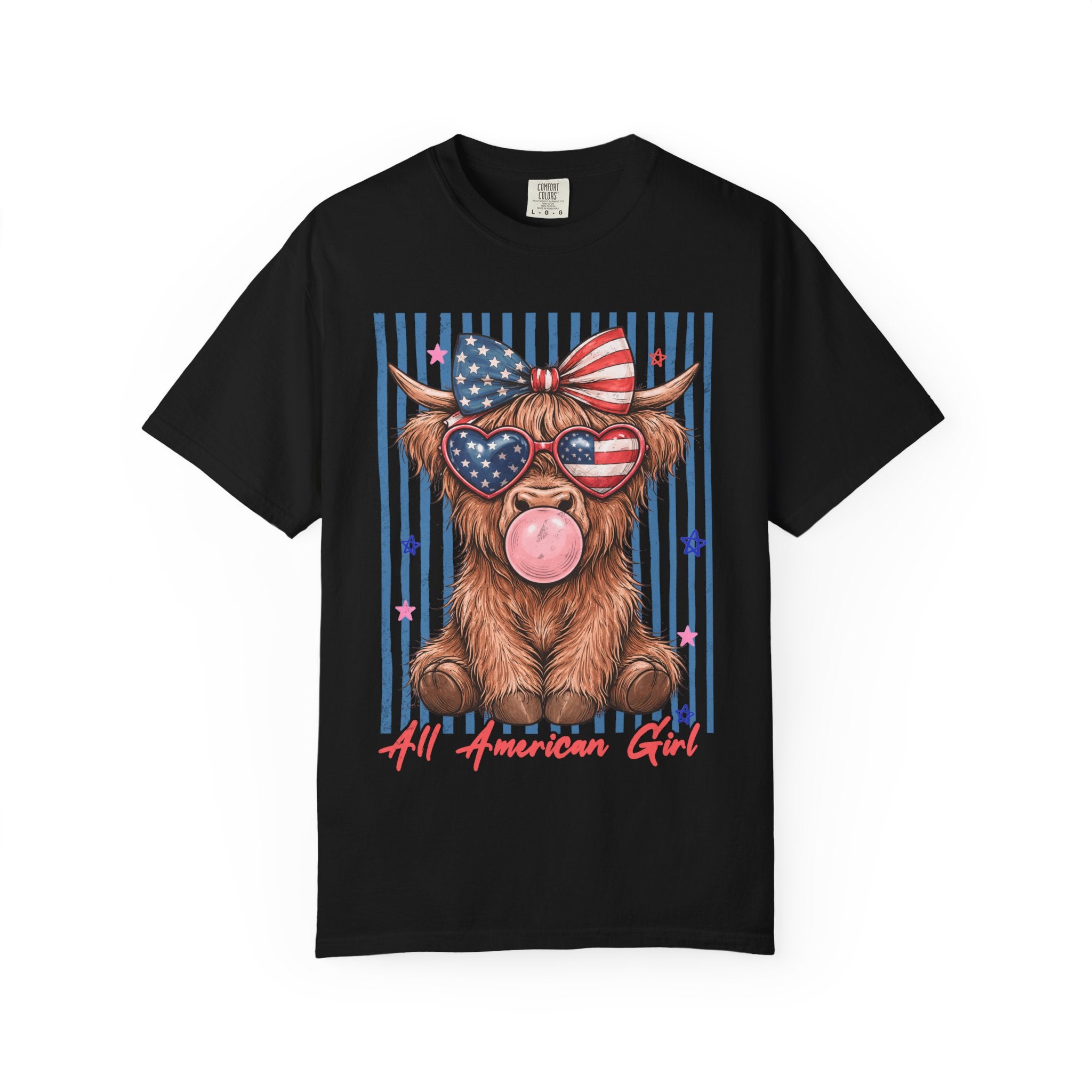 All American Girl Cow T-Shirt — Patriotic Highland Cow Graphic Tee