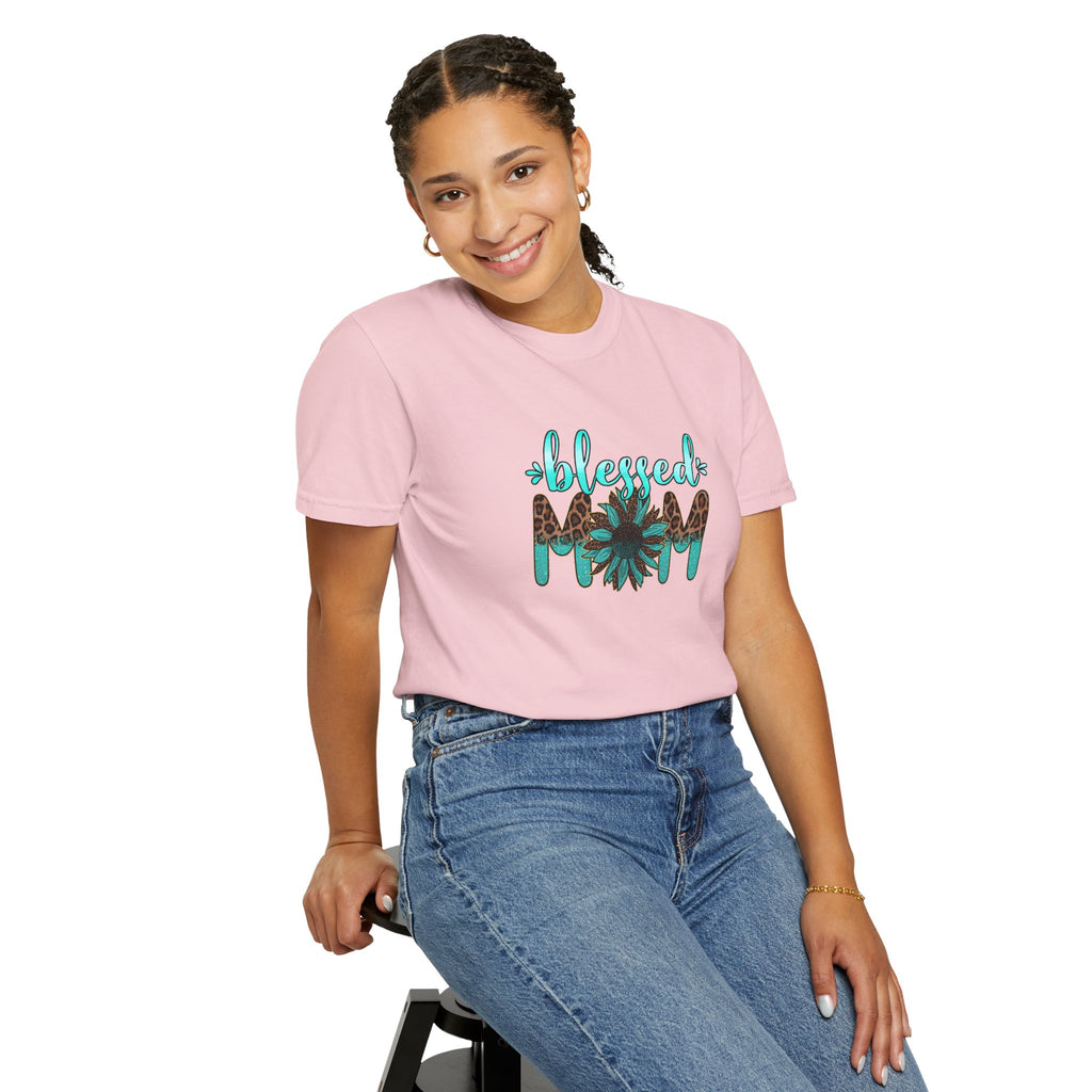blessed mom T-Shirt | Turquoise Leopard Floral Mom Tee