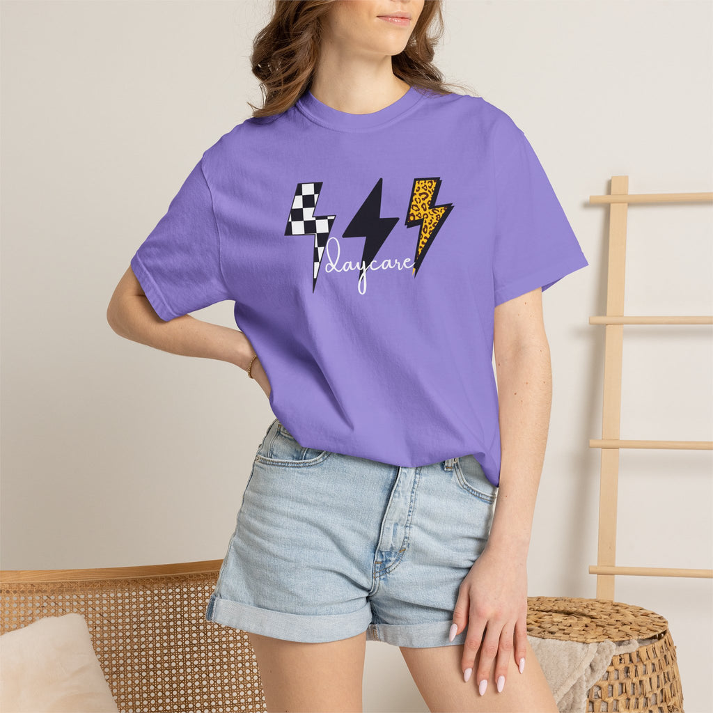 Checkerboard & Leopard Lightning Daycare T-shirt | Gray Garment-Dyed Tee