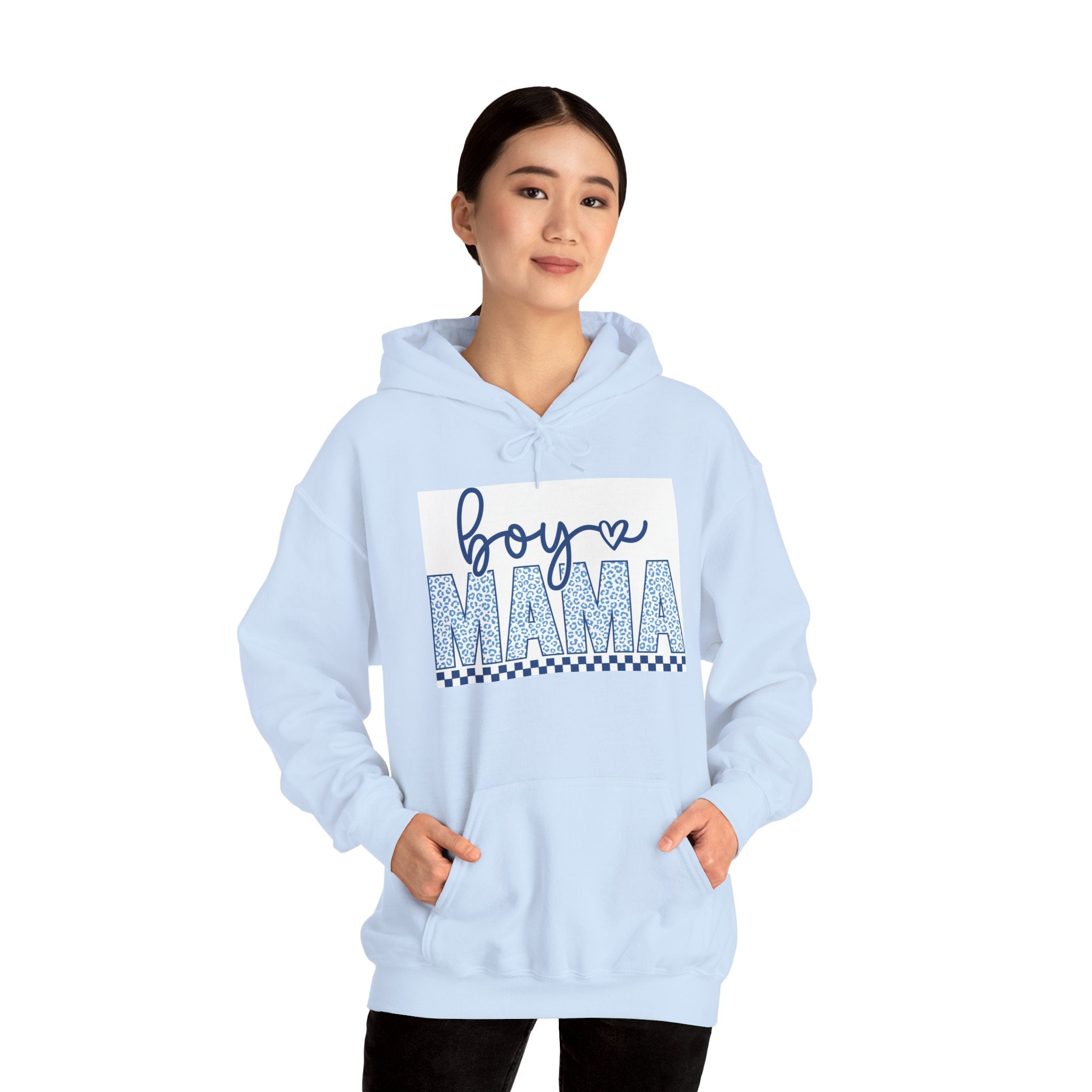 Boy Mama Hoodie — Blue Script & Patterned Lettering, Mom Gift for New Baby or Mother's Day
