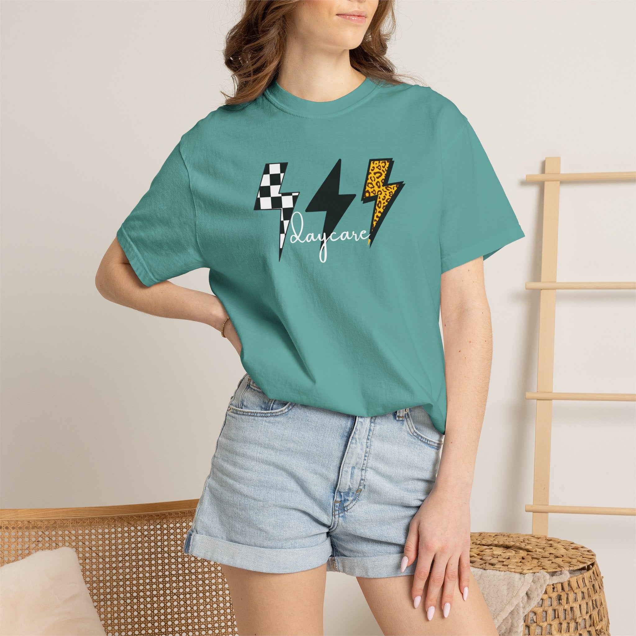 Checkerboard & Leopard Lightning Daycare T-shirt | Gray Garment-Dyed Tee