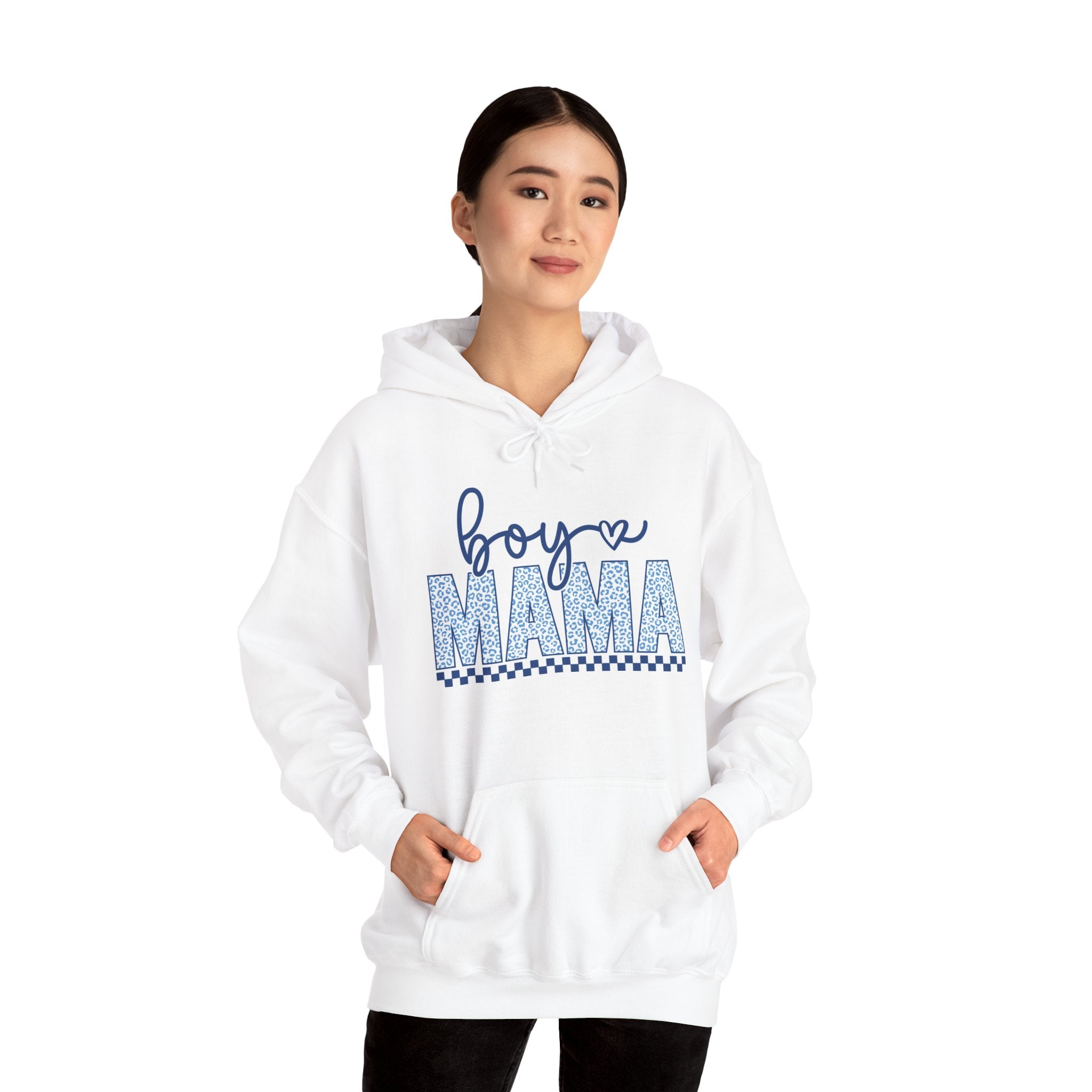 Boy Mama Hoodie — Blue Script & Patterned Lettering, Mom Gift for New Baby or Mother's Day