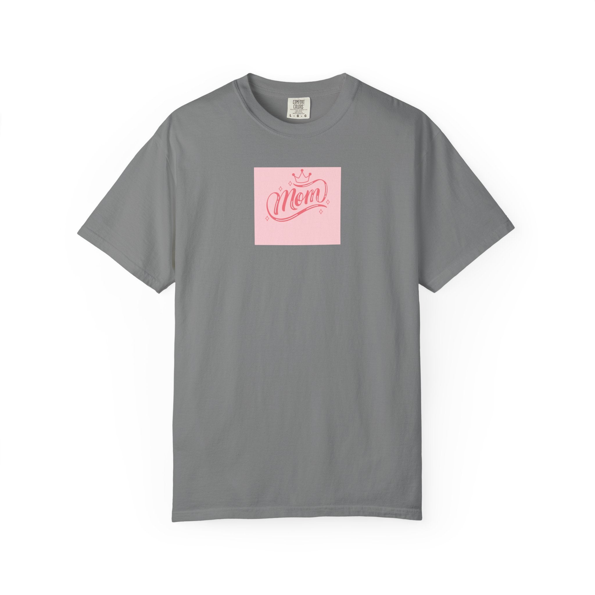 Mom Script Pocket T‑Shirt — Pink Square 'Mom' Graphic