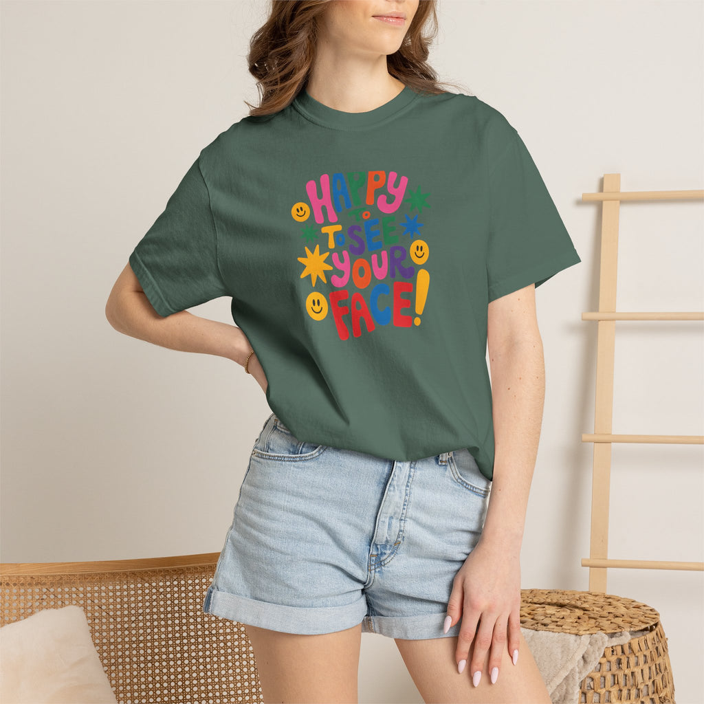 Happy to See Your Face T-shirt | Colorful Retro Smiley Typography