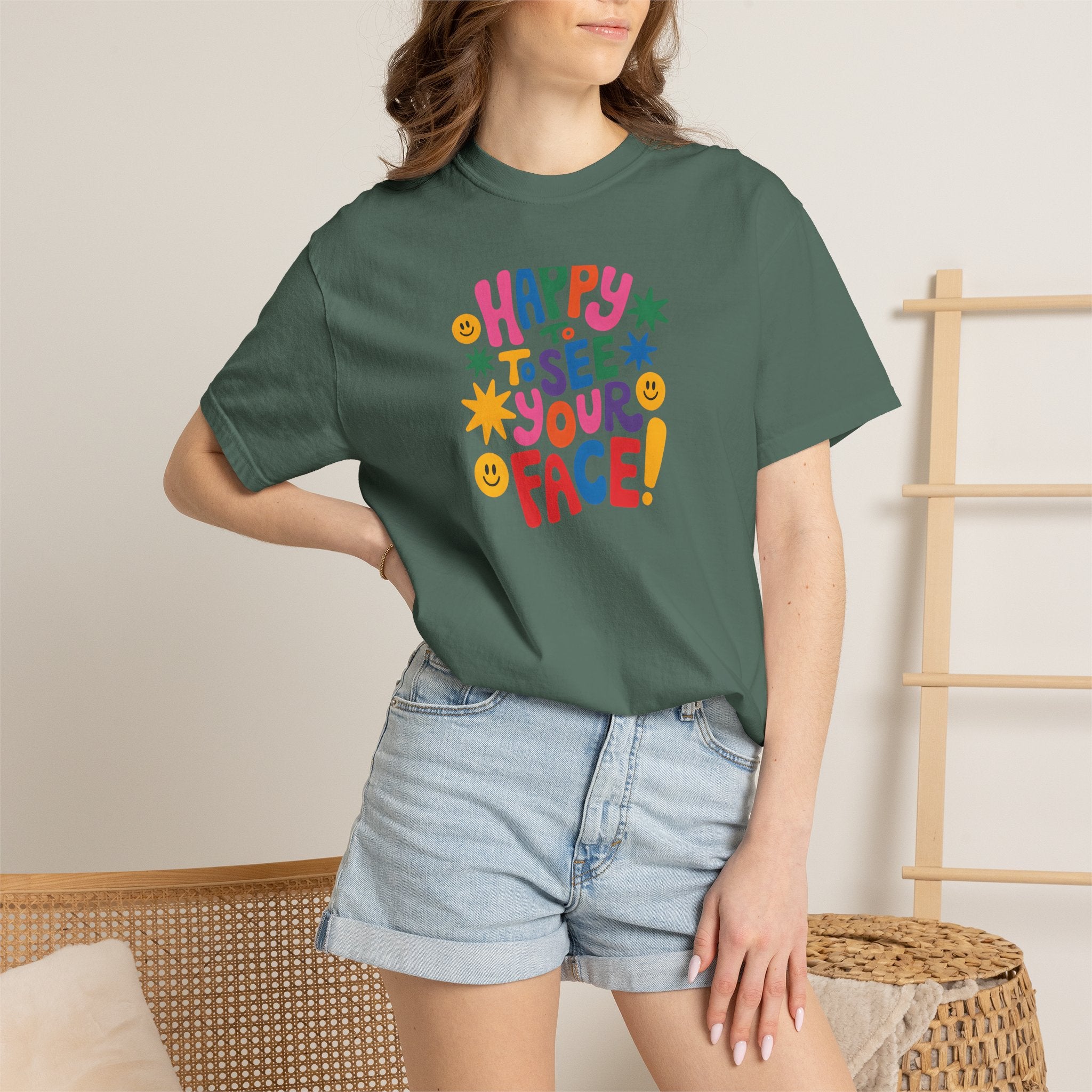 Happy to See Your Face T-shirt | Colorful Retro Smiley Typography