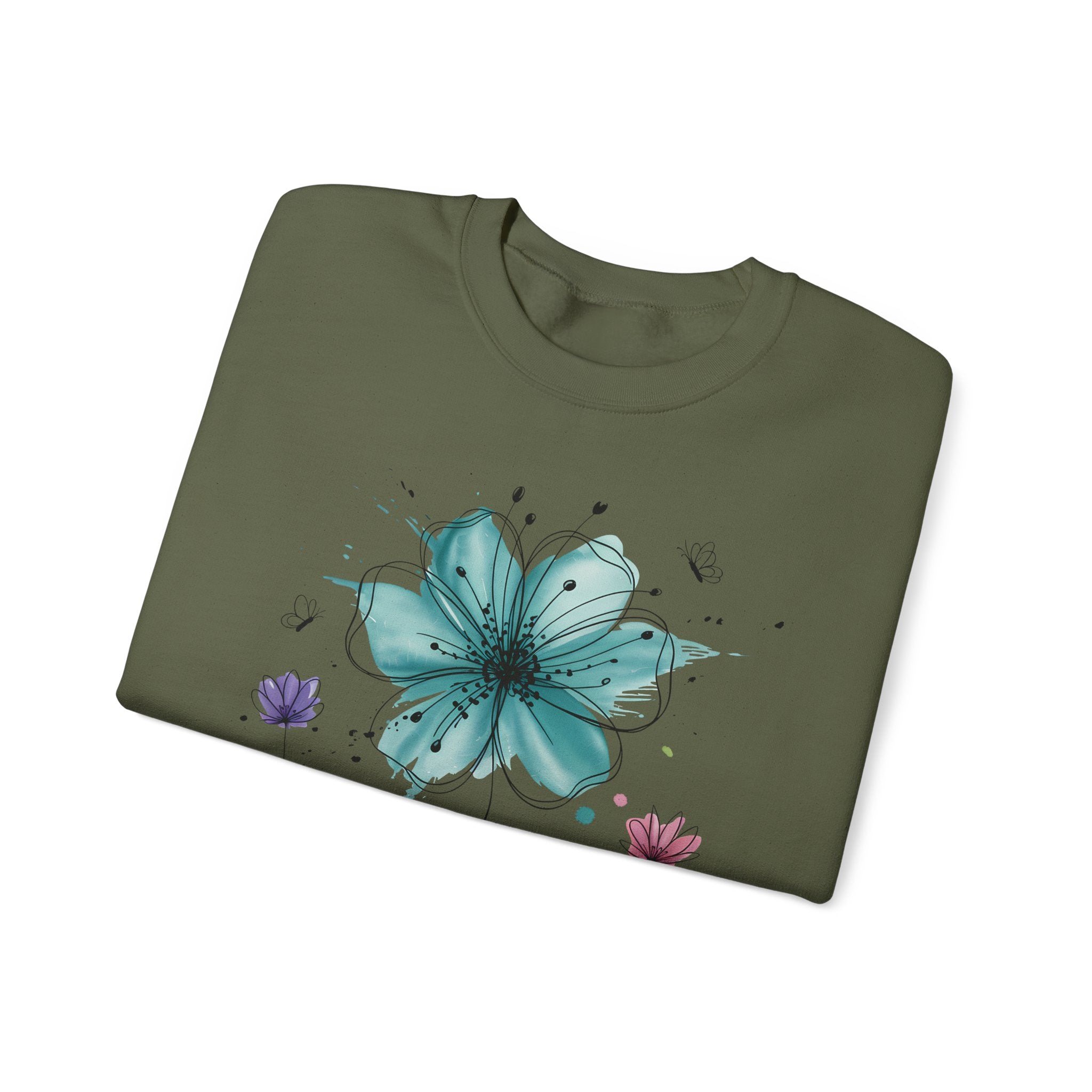Floral Breeze Crewneck Sweatshirt — Teal Lily & Wildflower Design
