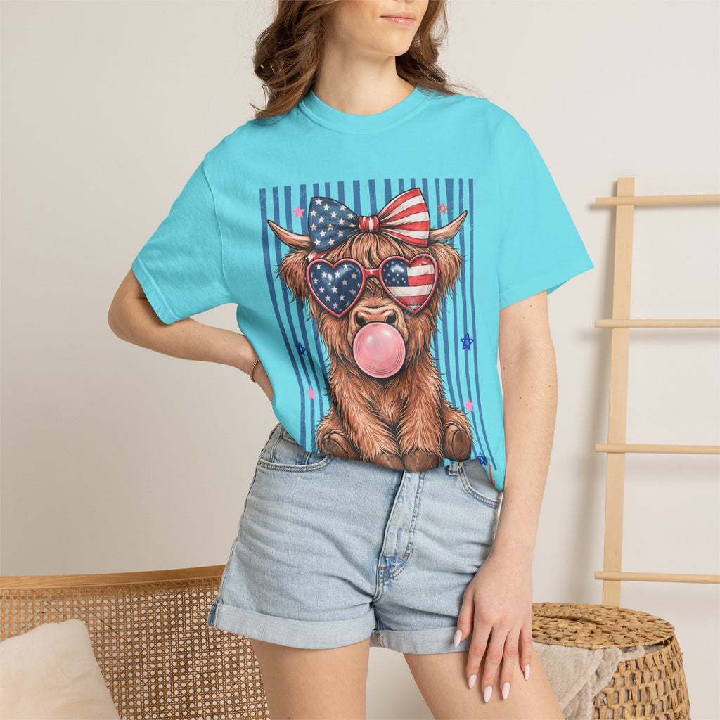 All American Girl Cow T-Shirt — Patriotic Highland Cow Graphic Tee