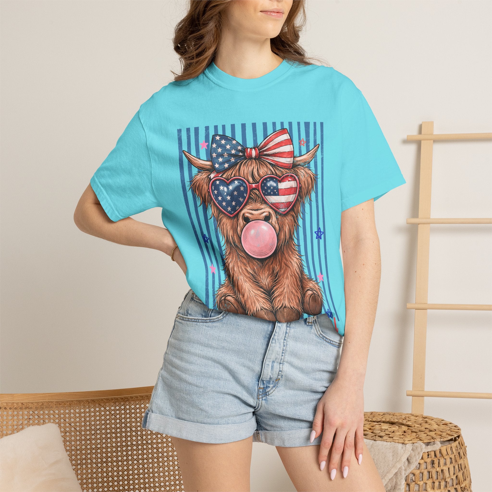 All American Girl Cow T-Shirt — Patriotic Highland Cow Graphic Tee