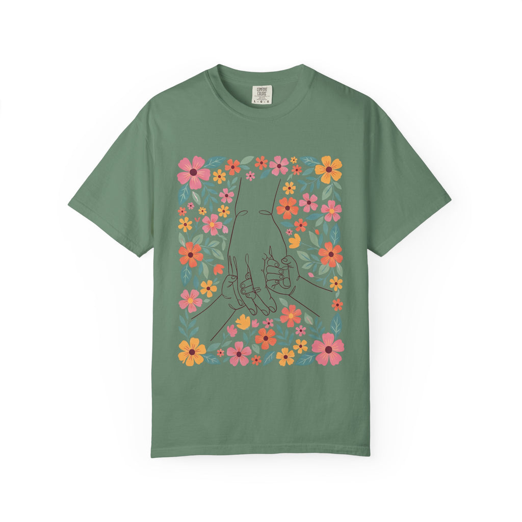Floral Family Hold T-Shirt — Illustrated Hands & Colorful Flower Frame
