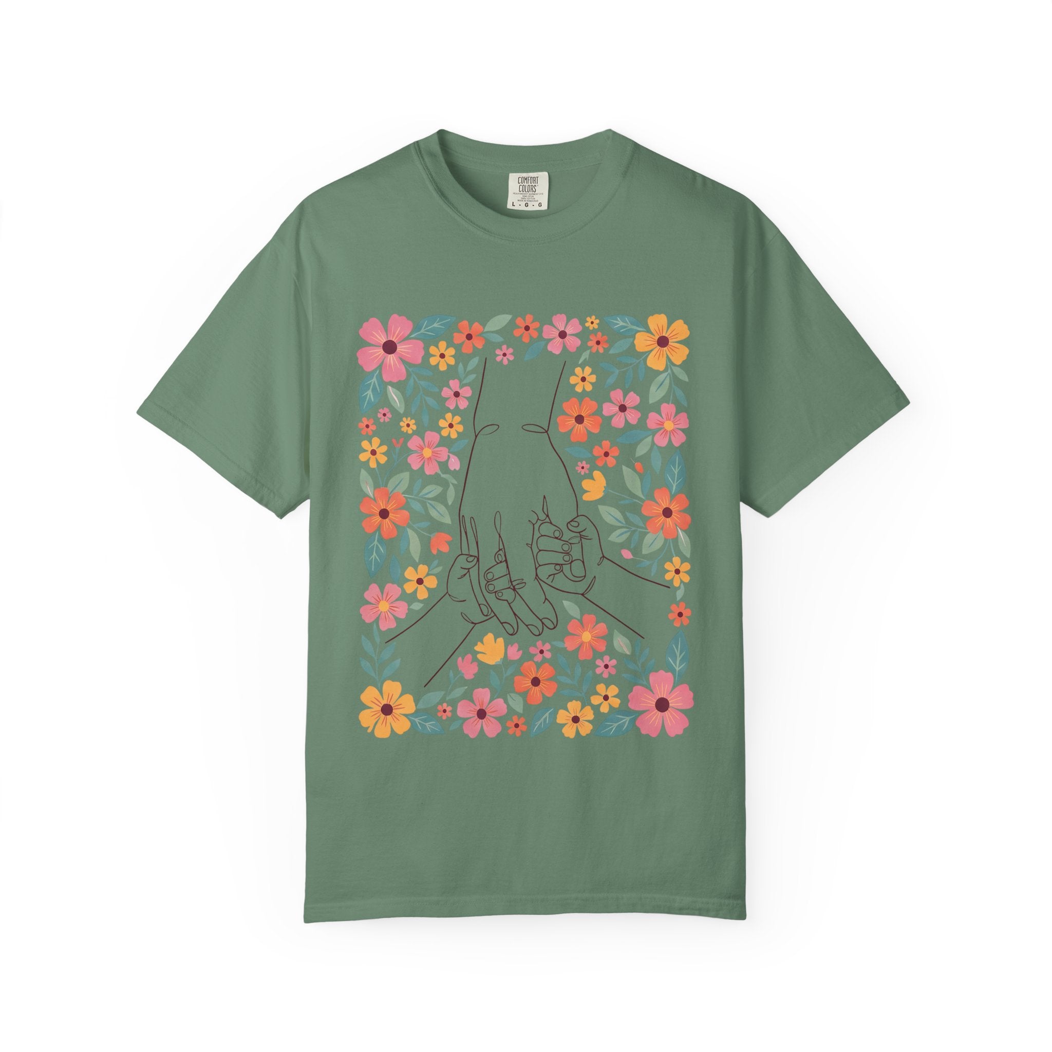 Floral Family Hold T-Shirt — Illustrated Hands & Colorful Flower Frame