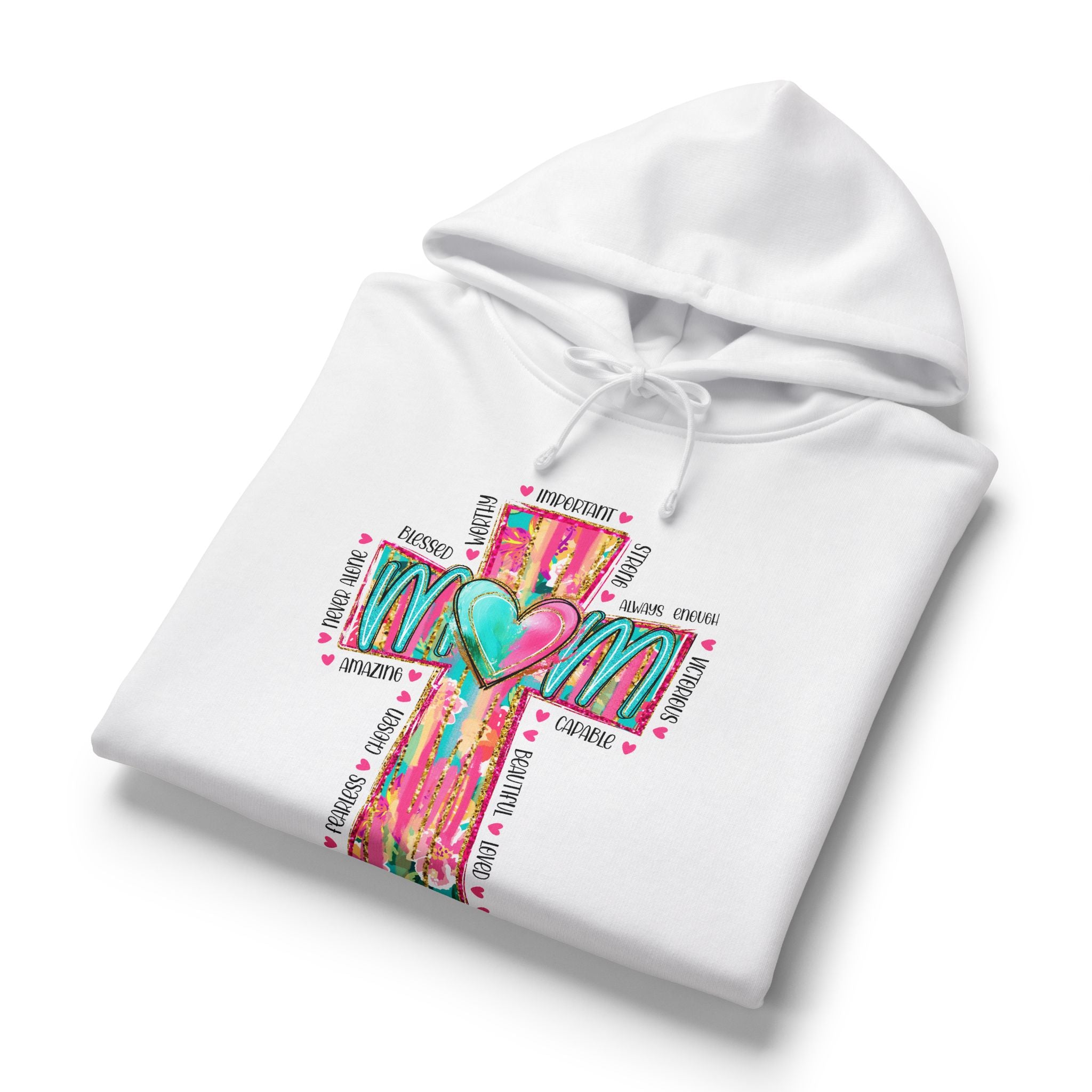 Christian Cross Hoodie — Colorful Heart & 'Mom' Faith Graphic