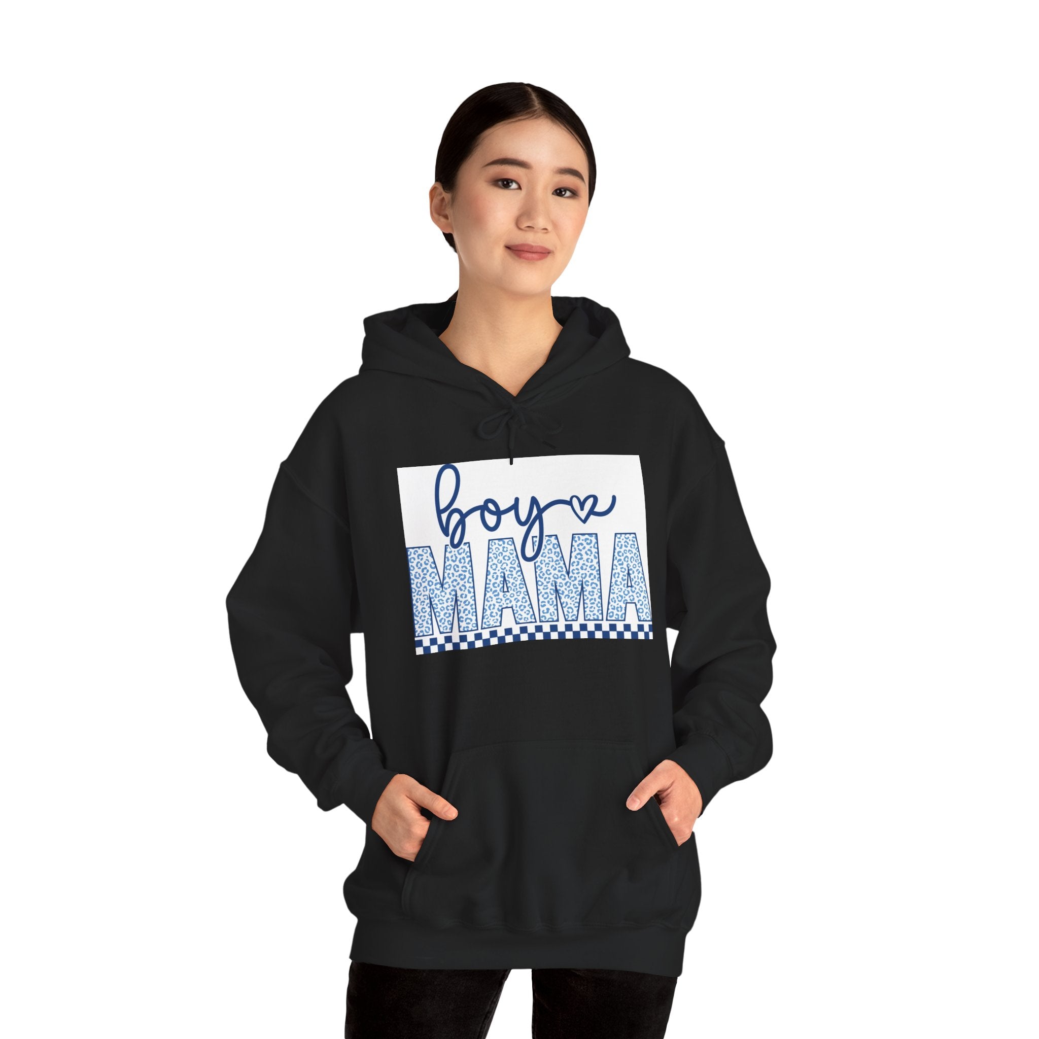 Boy Mama Hoodie — Blue Script & Patterned Lettering, Mom Gift for New Baby or Mother's Day