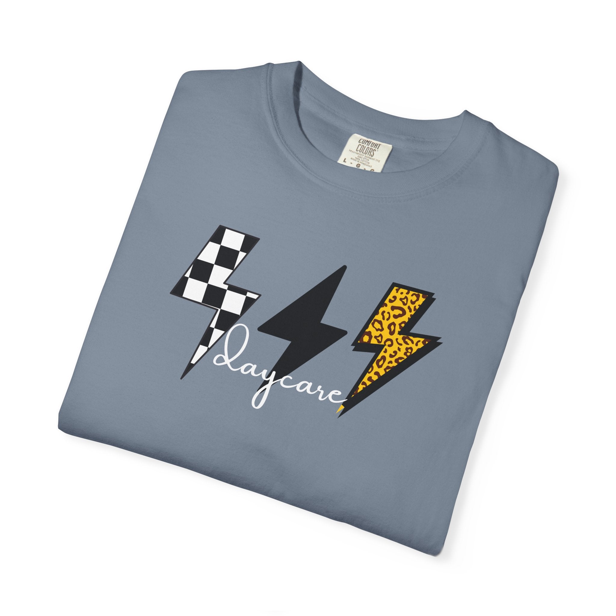 Checkerboard & Leopard Lightning Daycare T-shirt | Gray Garment-Dyed Tee