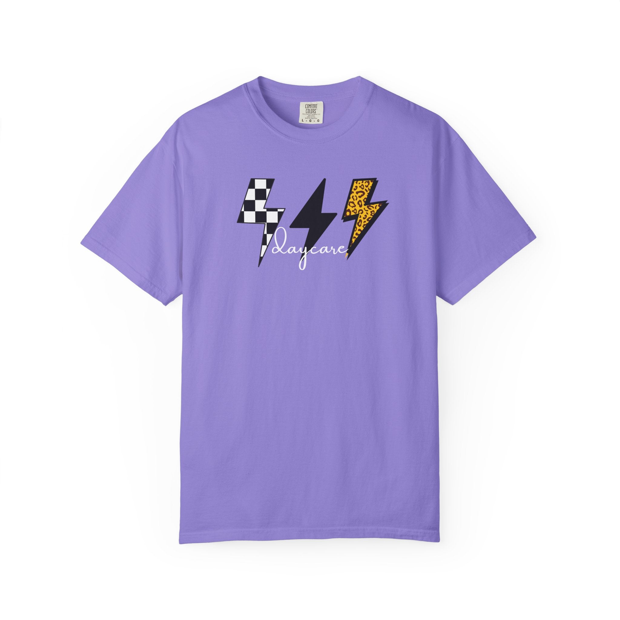 Checkerboard & Leopard Lightning Daycare T-shirt | Gray Garment-Dyed Tee