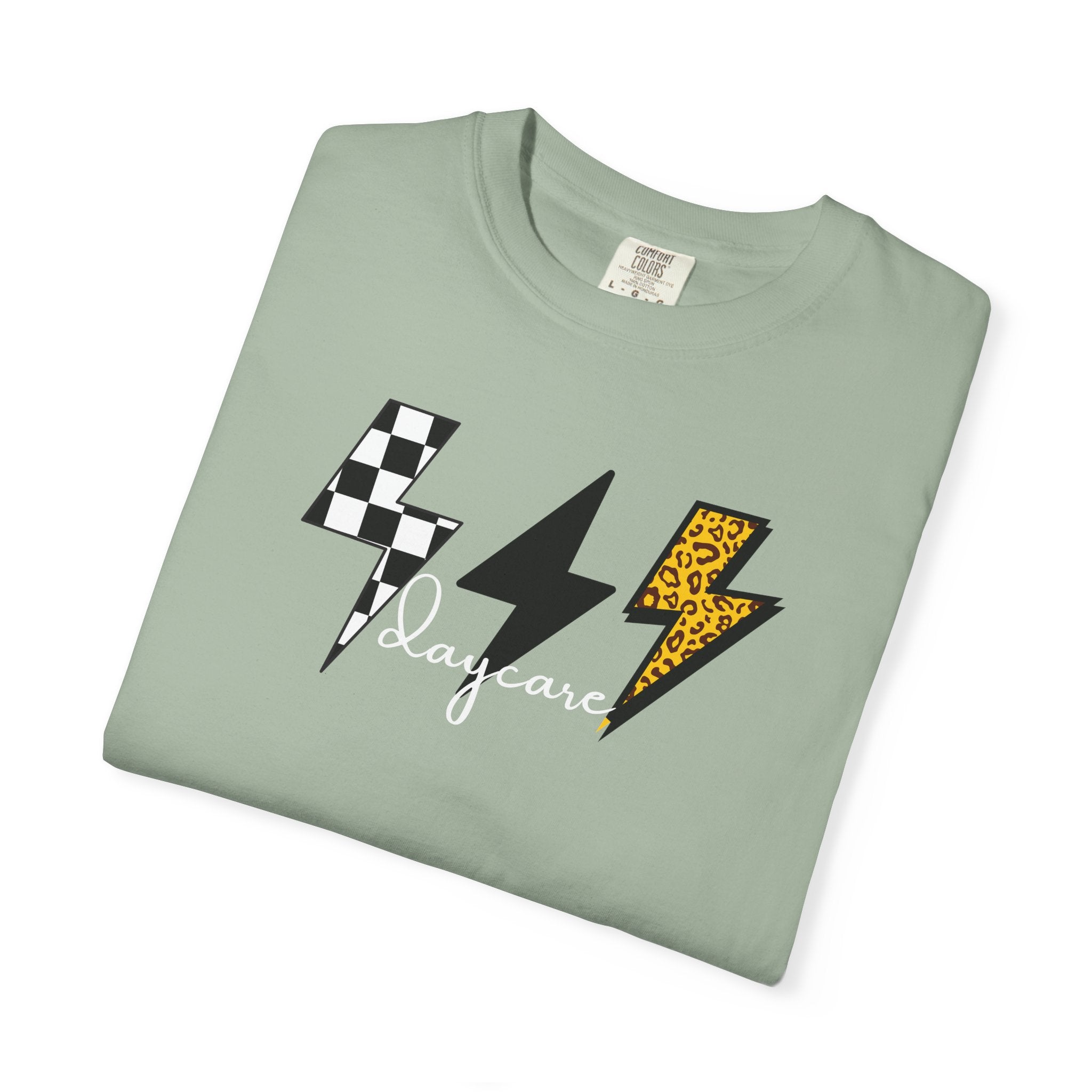 Checkerboard & Leopard Lightning Daycare T-shirt | Gray Garment-Dyed Tee