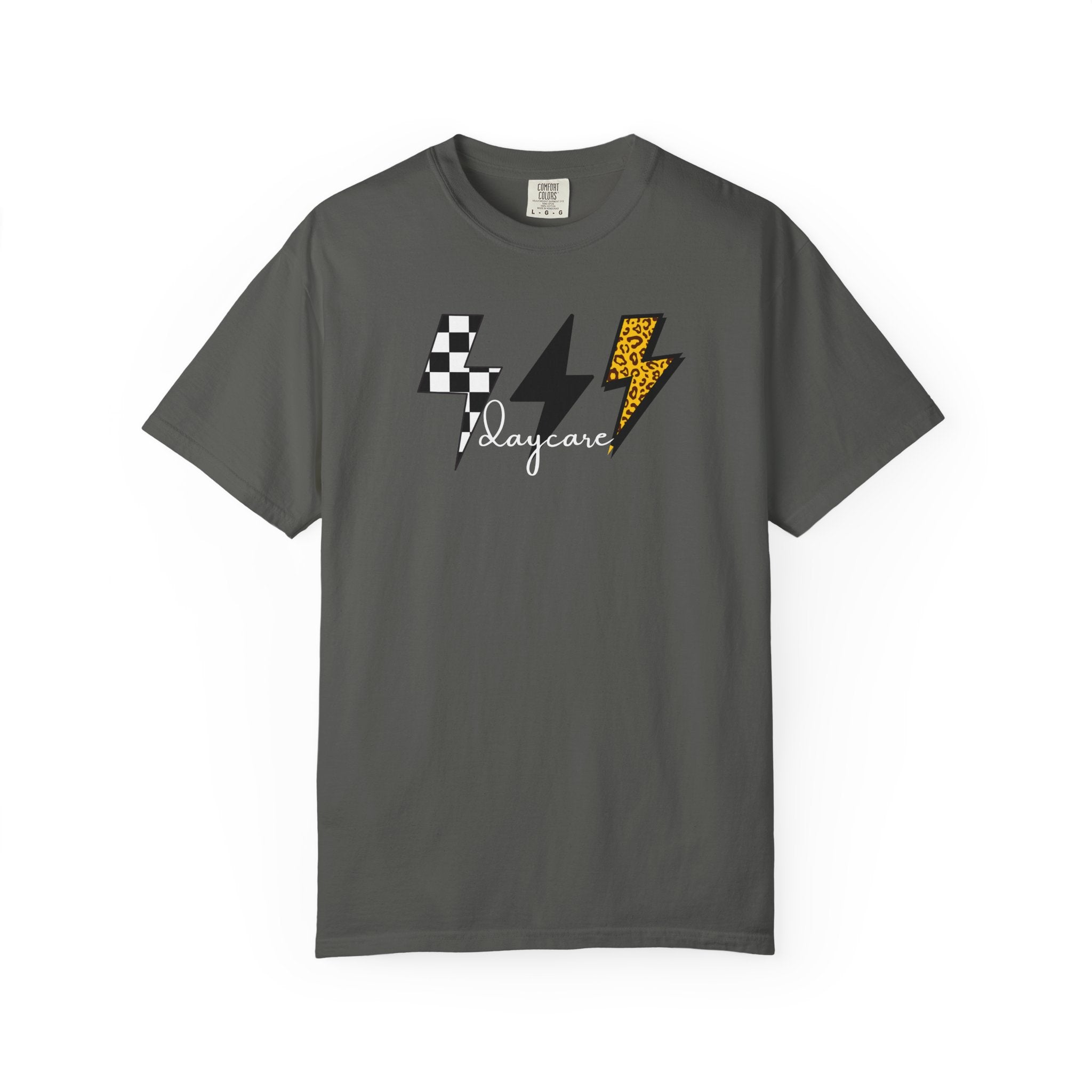 Checkerboard & Leopard Lightning Daycare T-shirt | Gray Garment-Dyed Tee