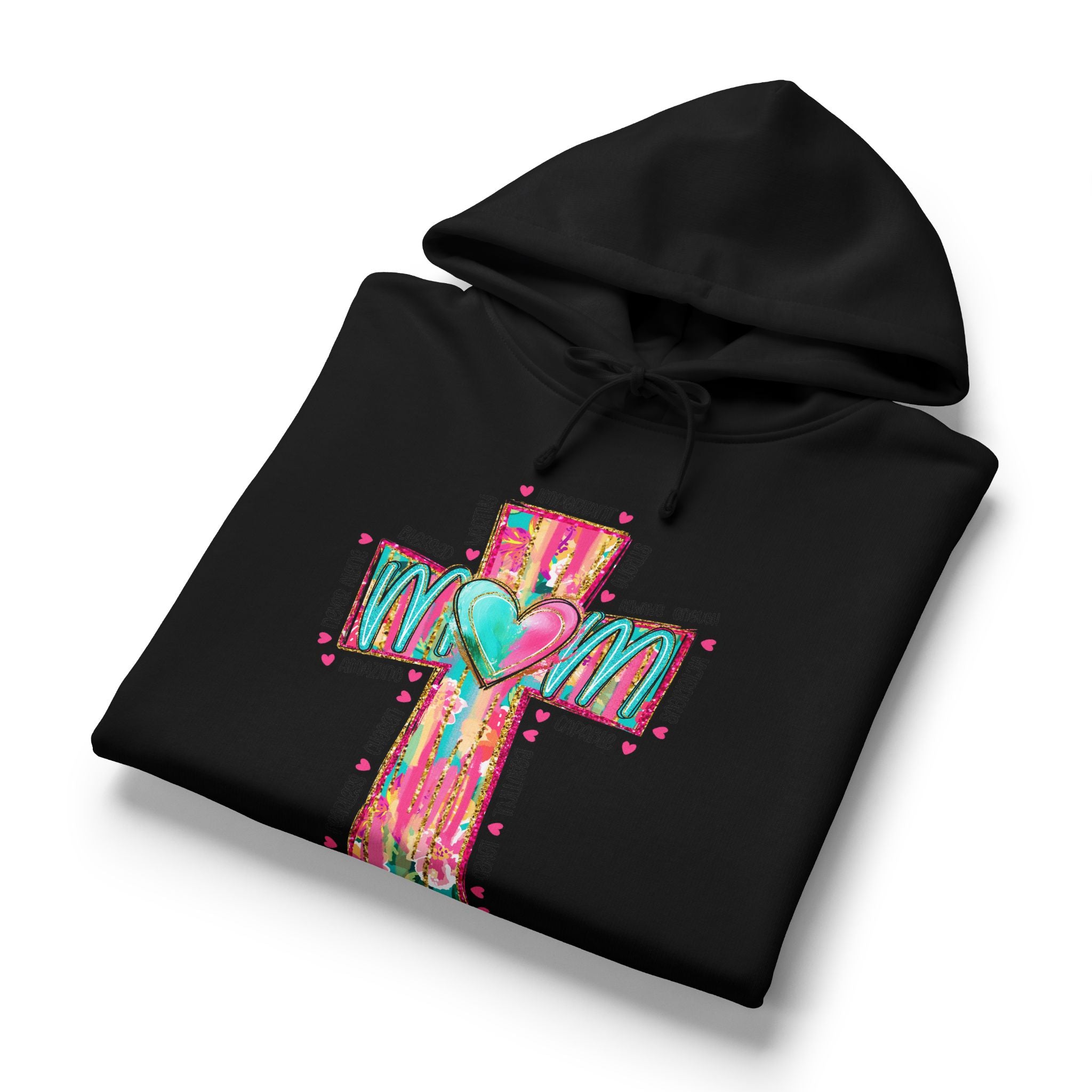 Christian Cross Hoodie — Colorful Heart & 'Mom' Faith Graphic
