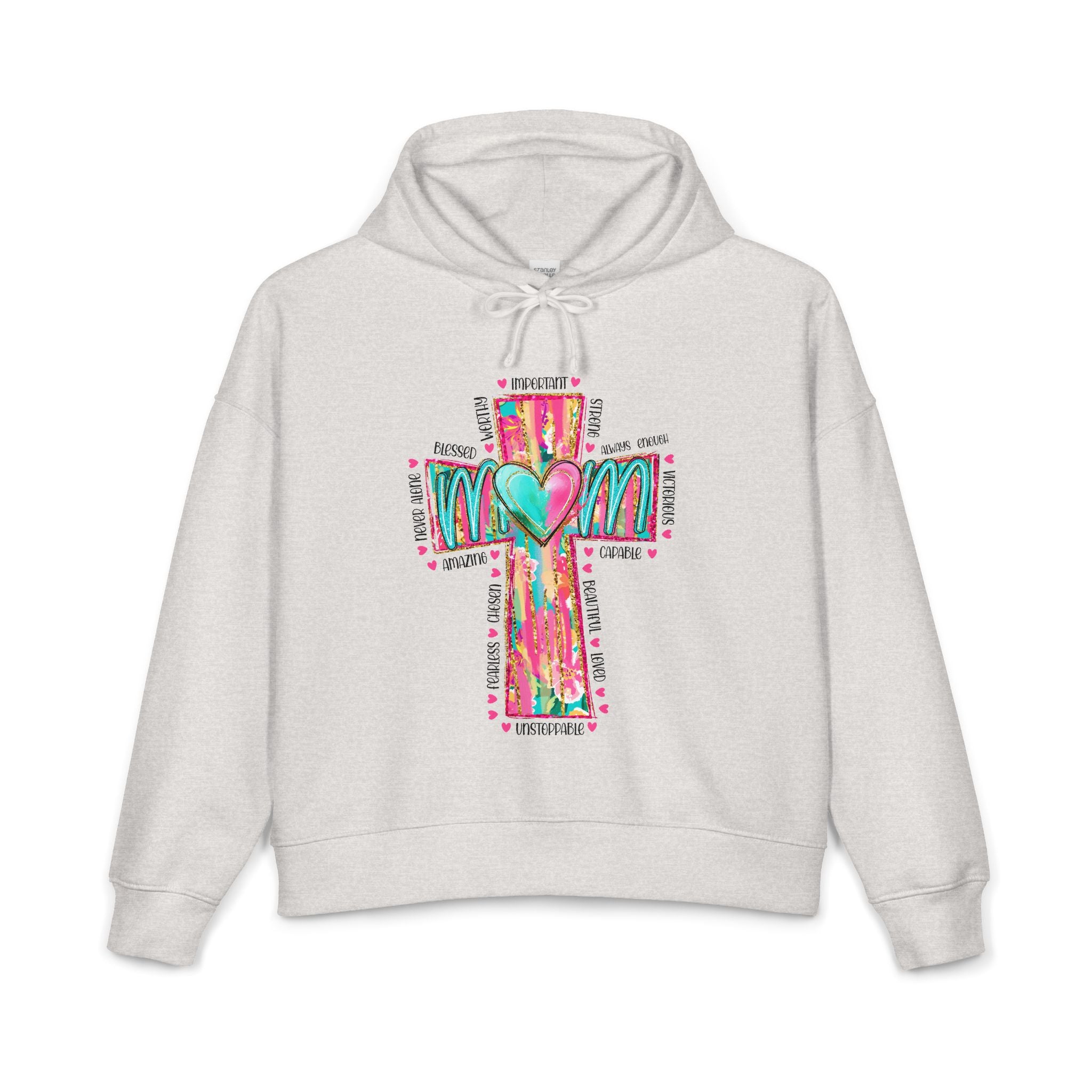 Christian Cross Hoodie — Colorful Heart & 'Mom' Faith Graphic