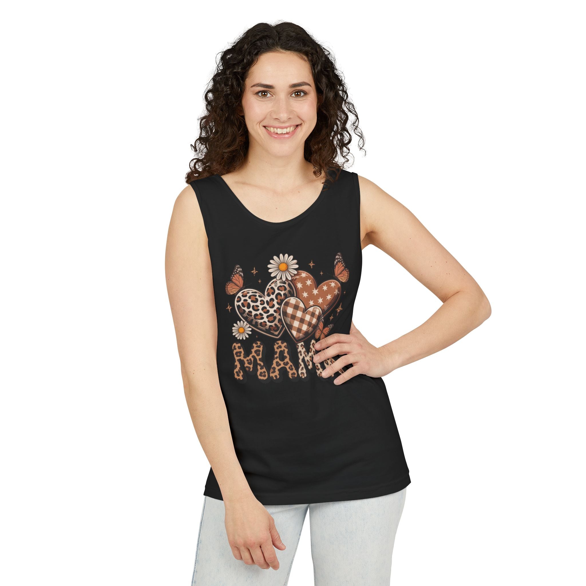Mama Heart Tank Top — Boho Leopard Plaid Hearts & Daisies