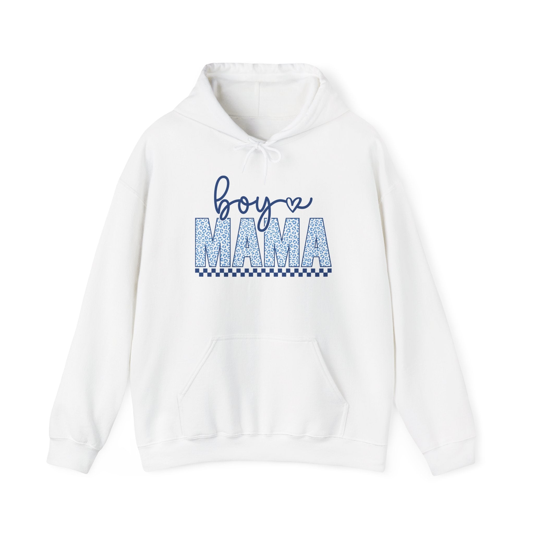 Boy Mama Hoodie — Blue Script & Patterned Lettering, Mom Gift for New Baby or Mother's Day