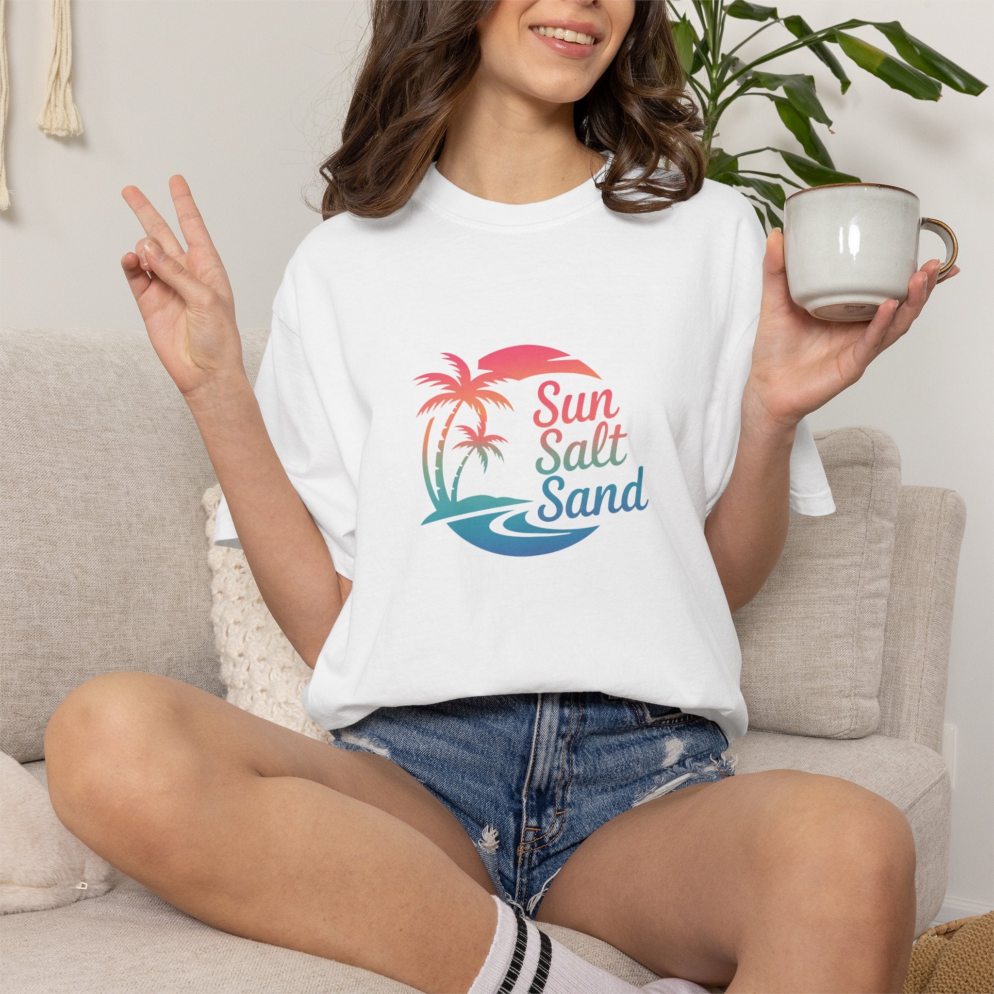 Sun Salt Sand Beach T-Shirt — Tropical Palm & Wave Graphic Tee