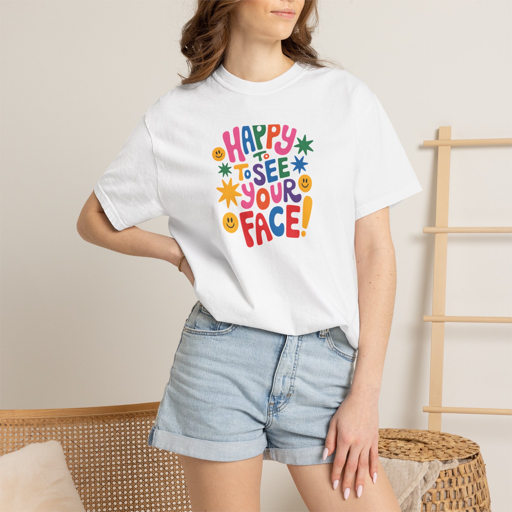 Happy to See Your Face T-shirt | Colorful Retro Smiley Typography