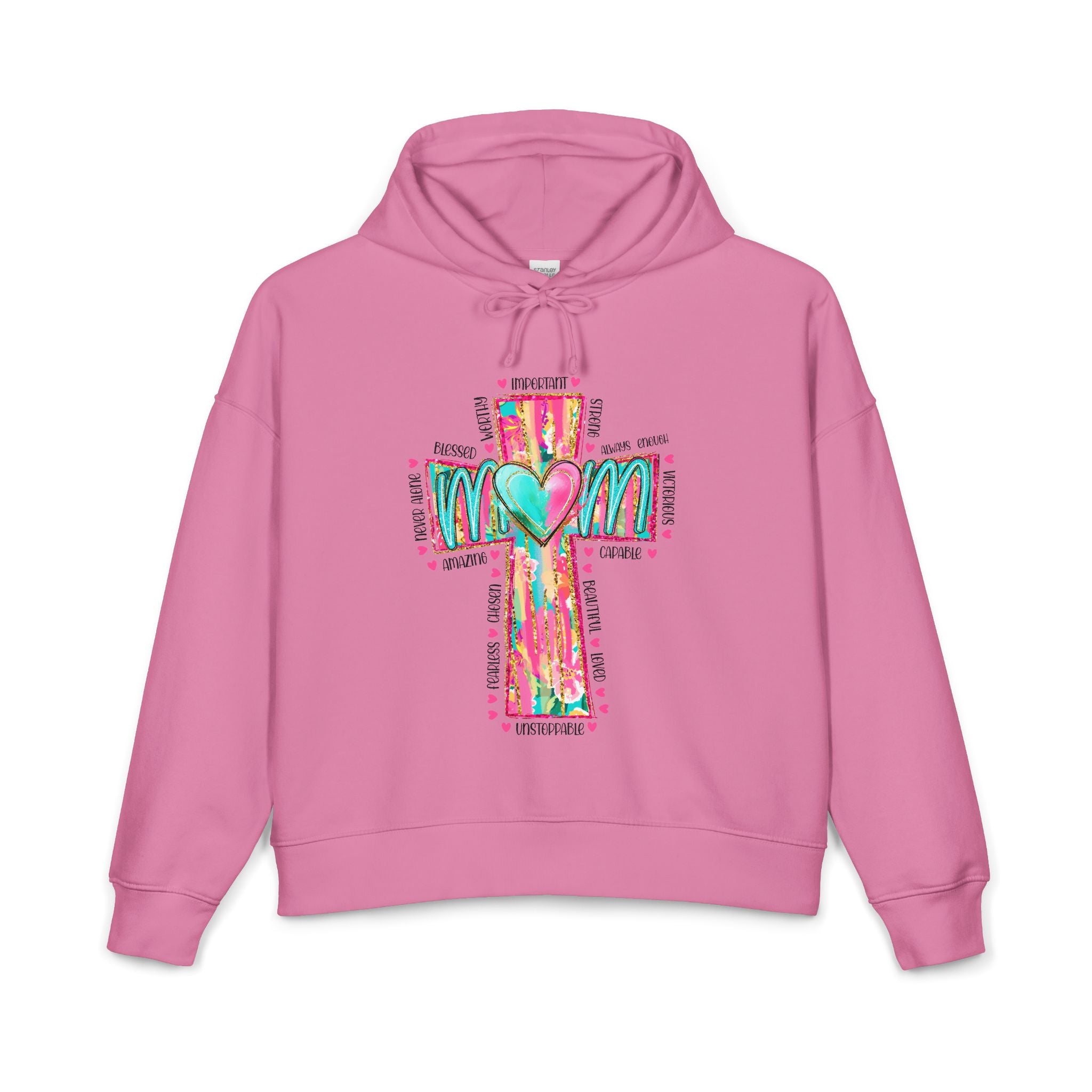 Christian Cross Hoodie — Colorful Heart & 'Mom' Faith Graphic