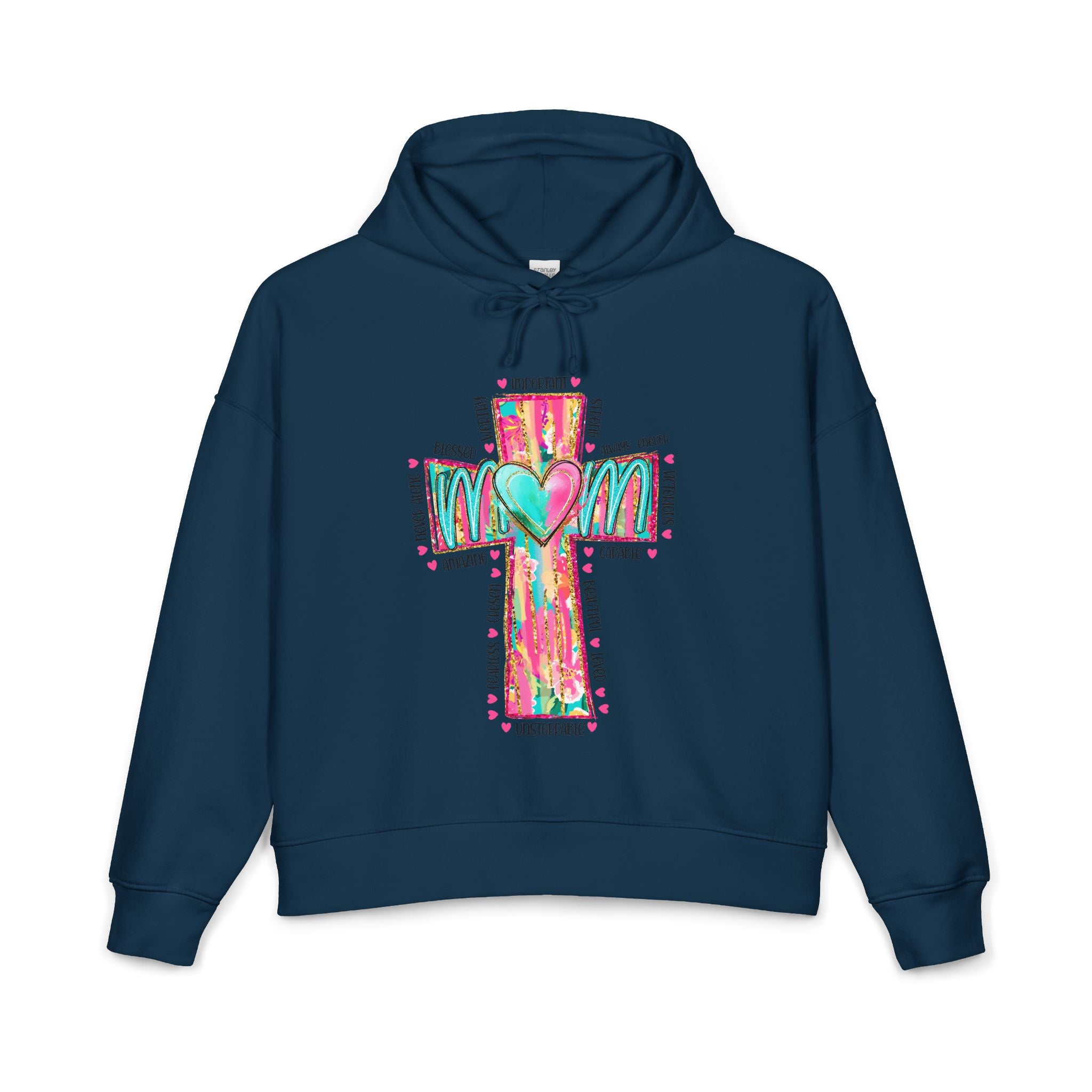 Christian Cross Hoodie — Colorful Heart & 'Mom' Faith Graphic