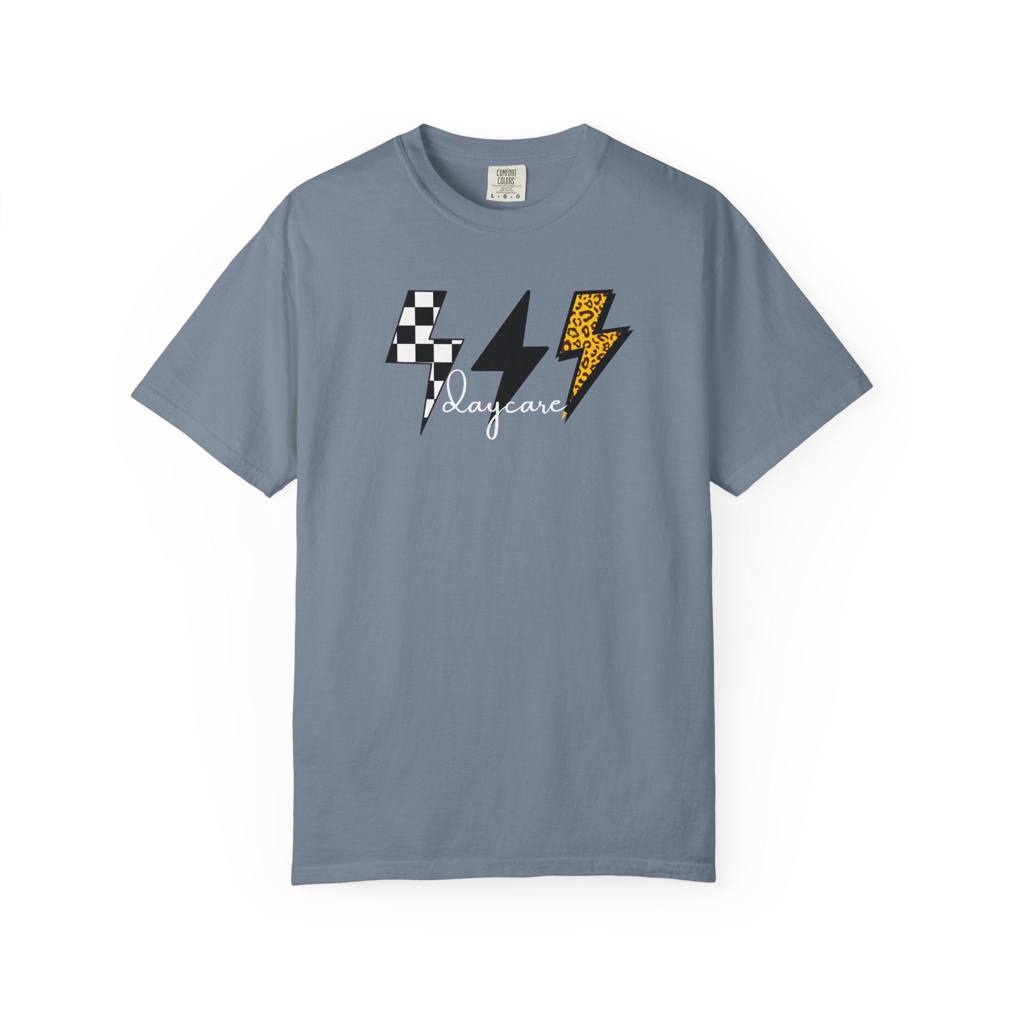 Checkerboard & Leopard Lightning Daycare T-shirt | Gray Garment-Dyed Tee