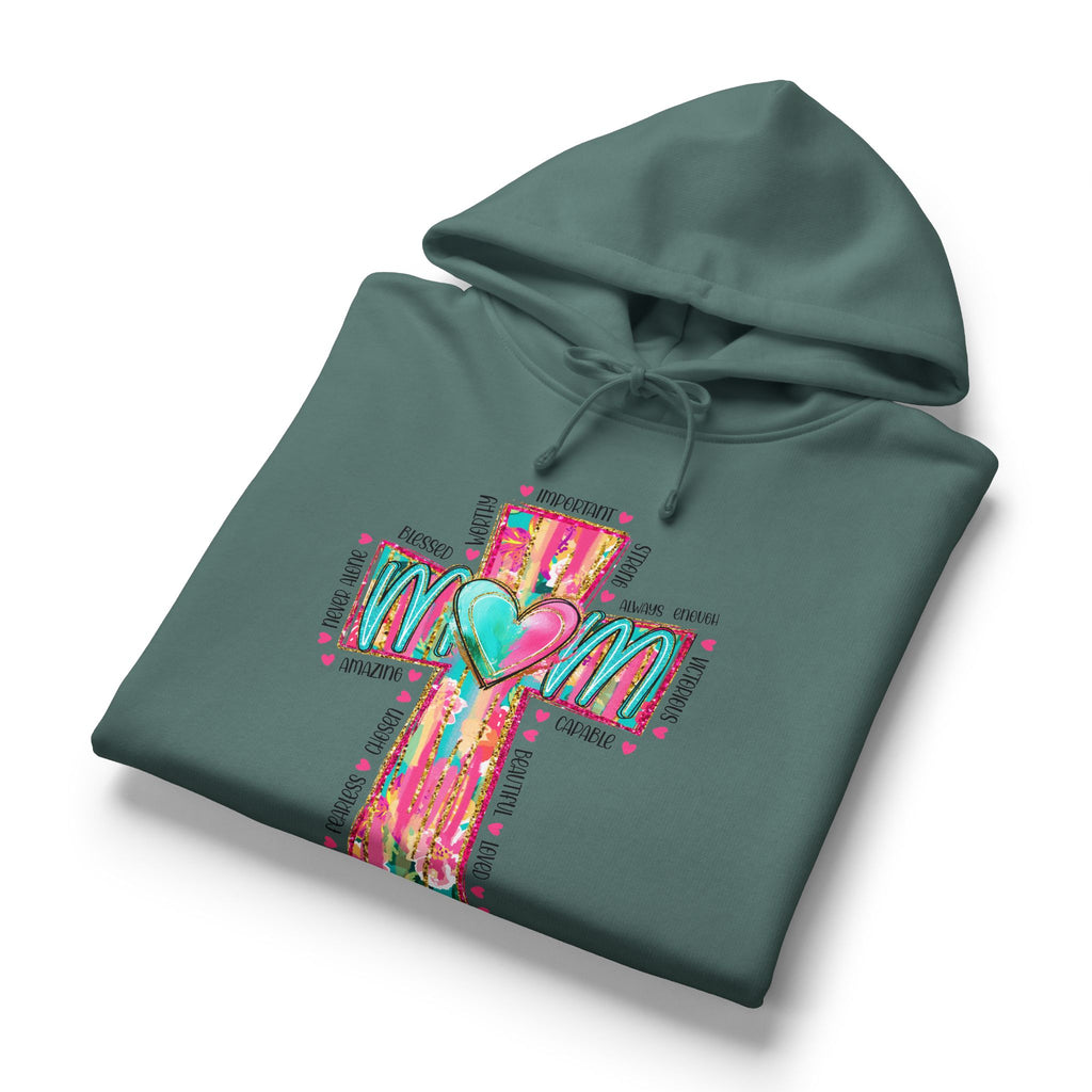 Christian Cross Hoodie — Colorful Heart & 'Mom' Faith Graphic