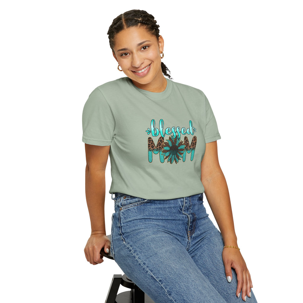 blessed mom T-Shirt | Turquoise Leopard Floral Mom Tee