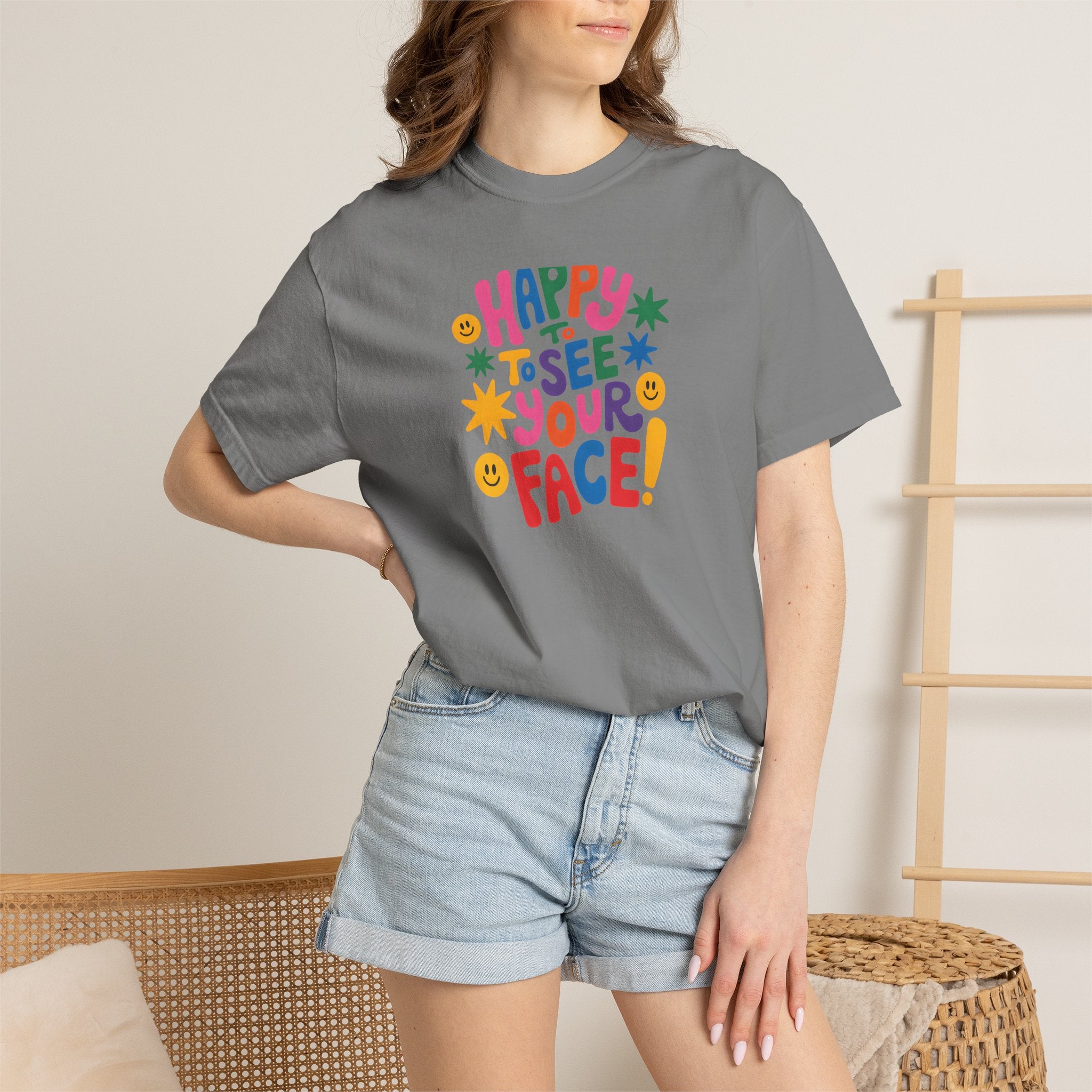 Happy to See Your Face T-shirt | Colorful Retro Smiley Typography