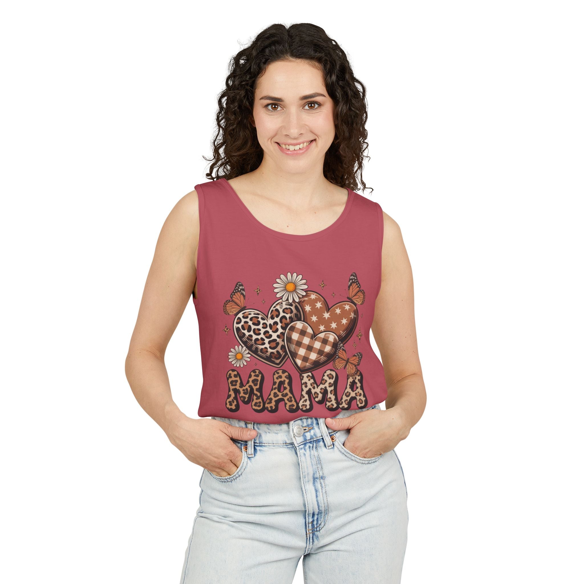 Mama Heart Tank Top — Boho Leopard Plaid Hearts & Daisies