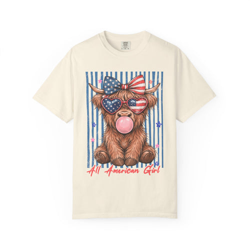 All American Girl Cow T-Shirt — Patriotic Highland Cow Graphic Tee
