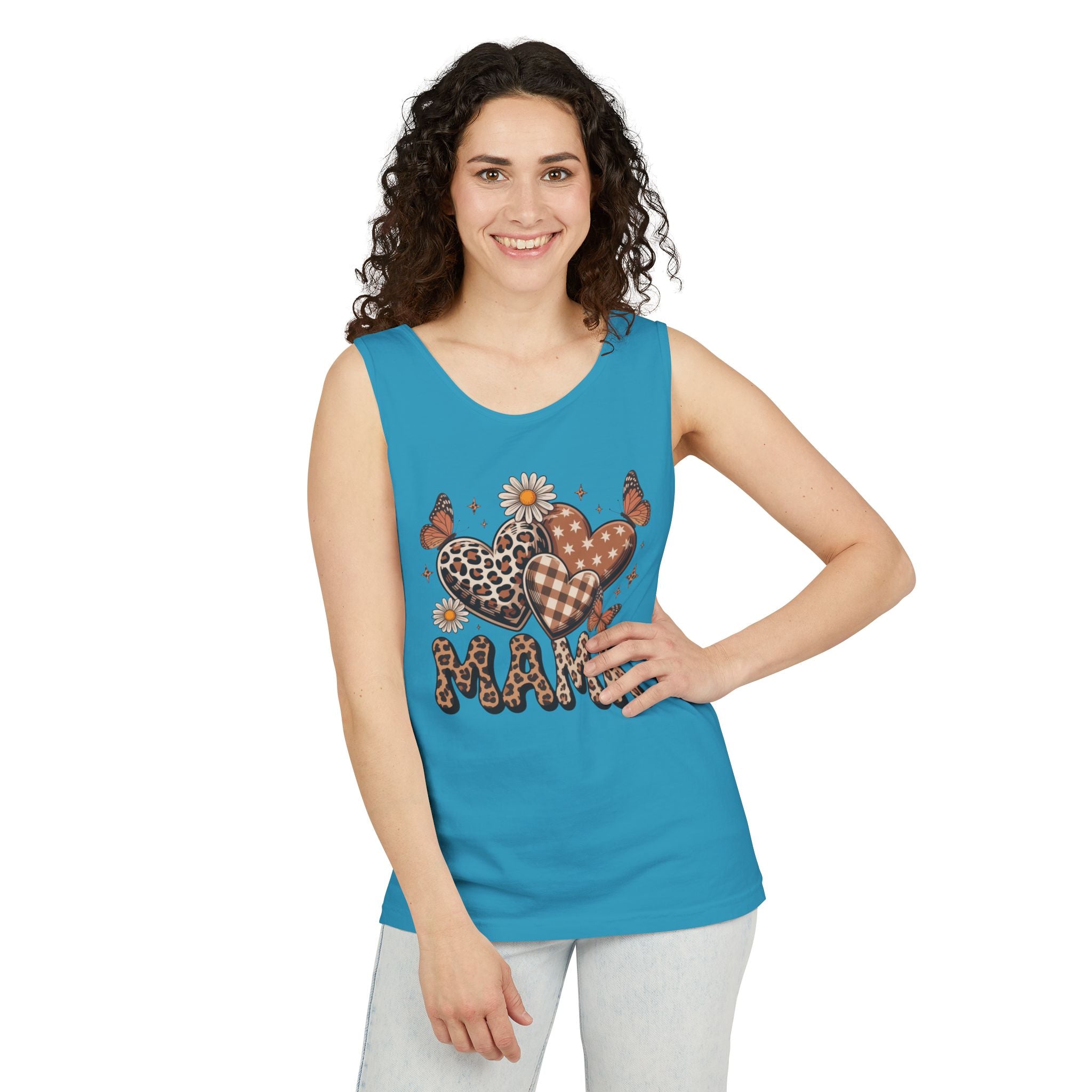Mama Heart Tank Top — Boho Leopard Plaid Hearts & Daisies
