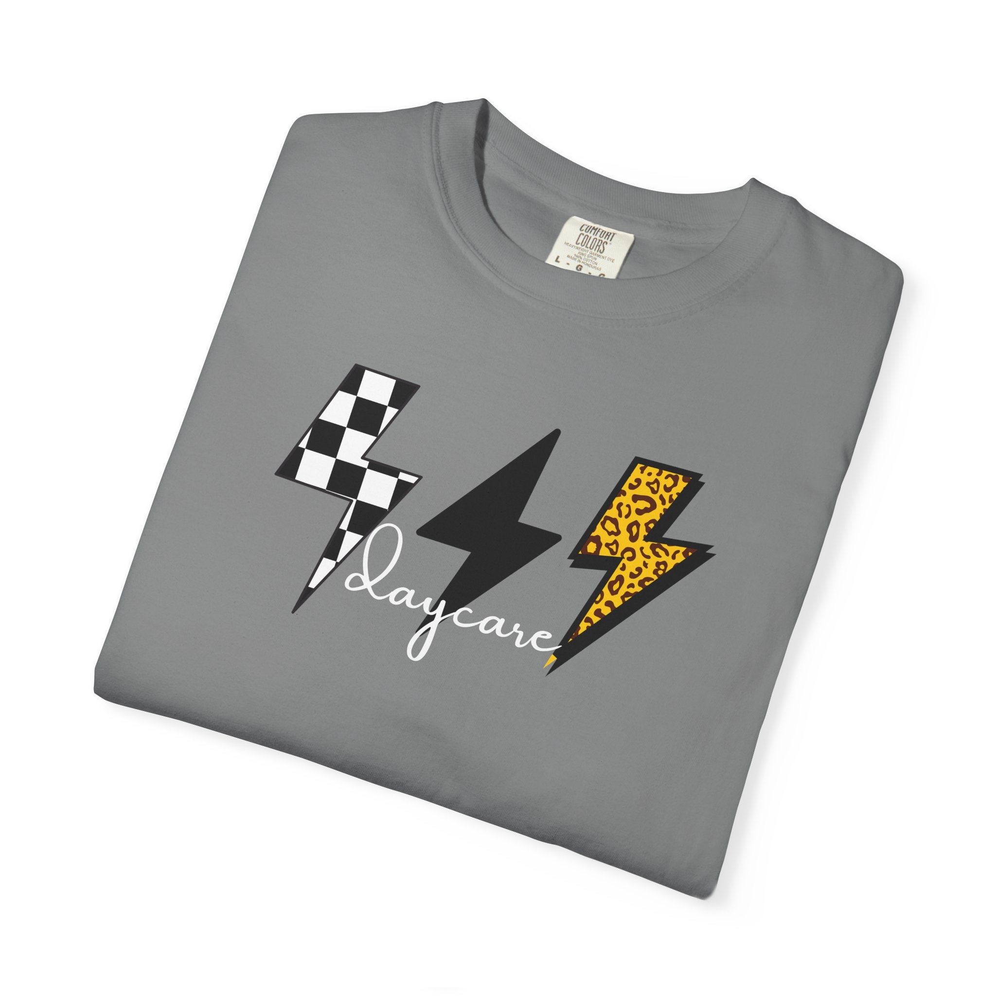 Checkerboard & Leopard Lightning Daycare T-shirt | Gray Garment-Dyed Tee