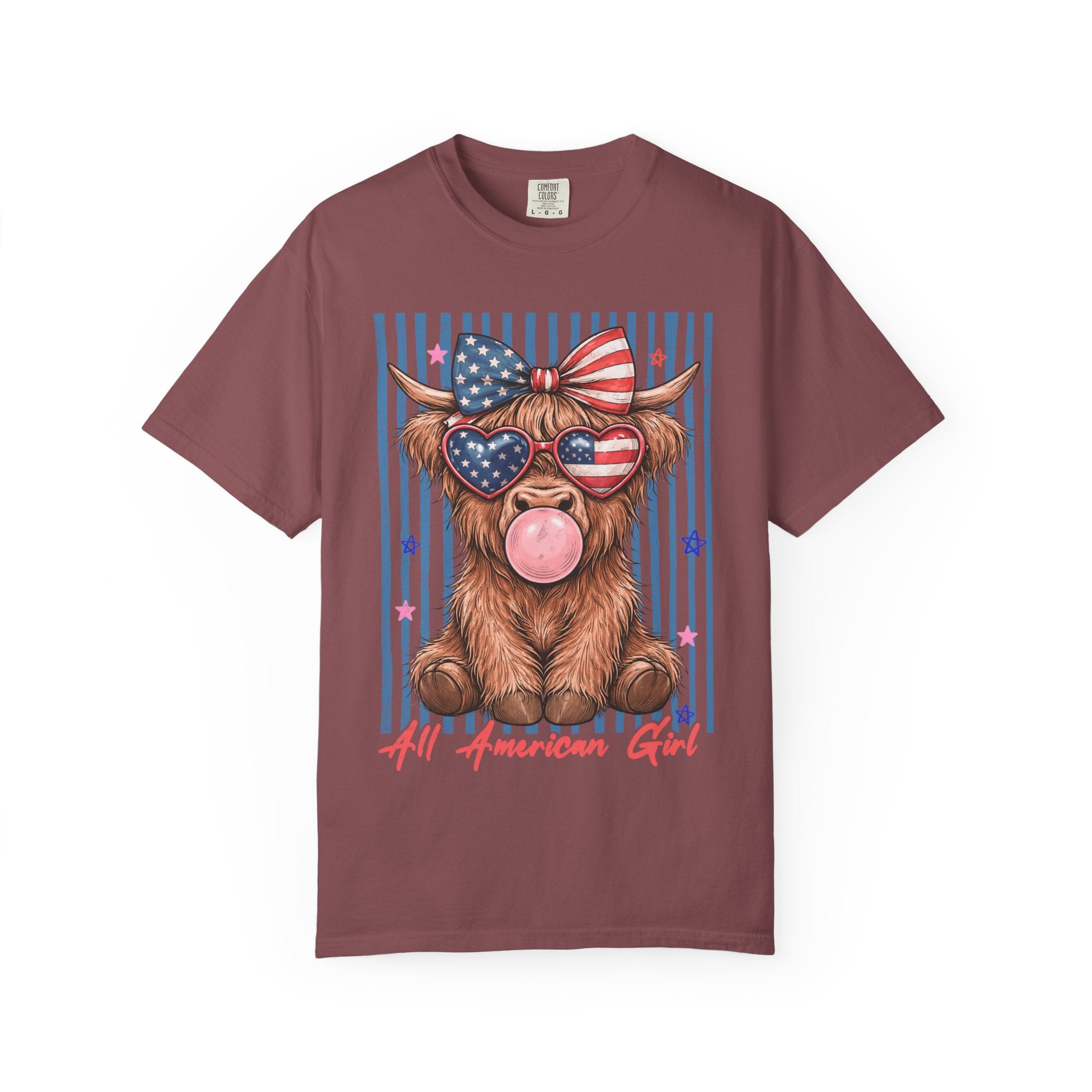 All American Girl Cow T-Shirt — Patriotic Highland Cow Graphic Tee