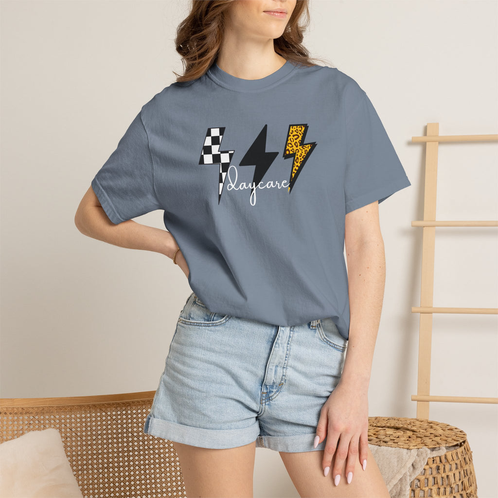 Checkerboard & Leopard Lightning Daycare T-shirt | Gray Garment-Dyed Tee